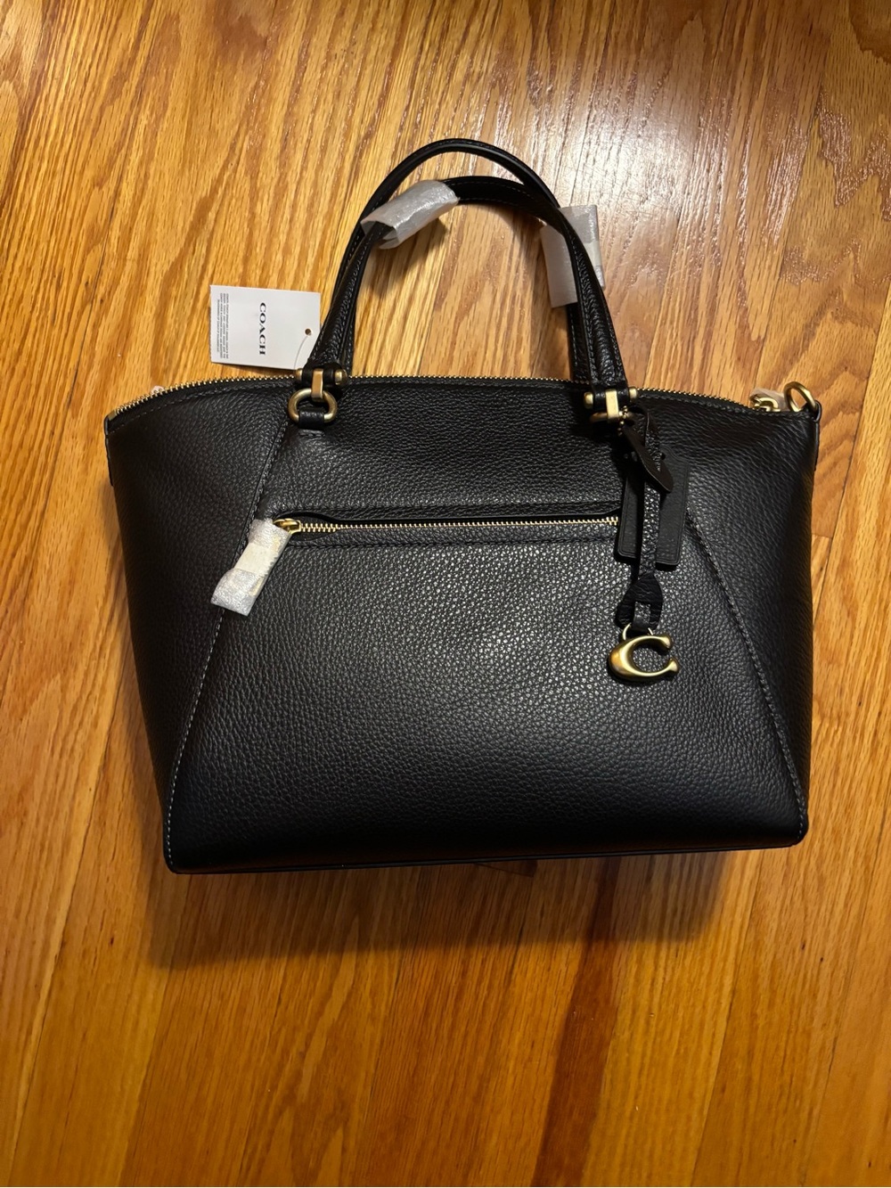 Coach Black Pebbled Leather Satchel with Gold Accent Charm